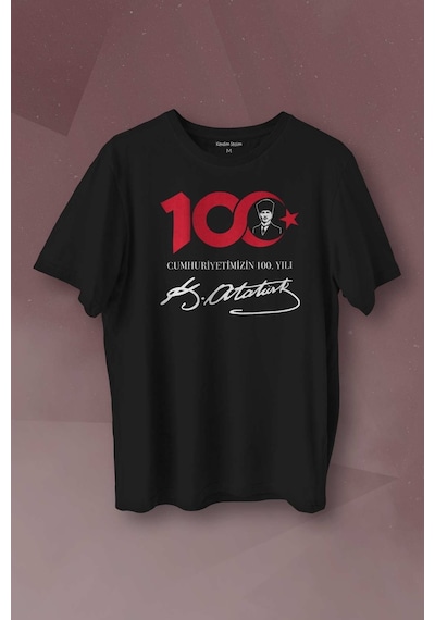 Atatürk Ve Cumhuriyetimizin 100. Yılı Özel Tasarım Baskılı Tişört Unisex T-shirt 001