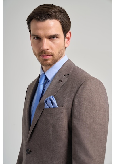 İmza Kendinden Desenli Bez Ayağı Mono Yaka Tam Astar Esnek 6 Drop Slim Fit Takım Elbise 1001250168 Kahverengi