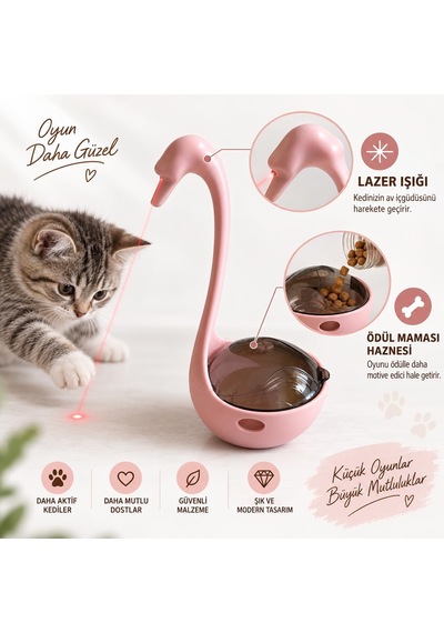 Lazerli Mama Hazneli İnteraktif Kedi Oyuncağı, Ödül Mamalı Kuğu Tasarım, Pilli Hareketli Lazer Oyuncak, Zihinsel Uyarım Ve Egzersiz İçin Kedi Aktivite Oyuncağı, Piller Dahil Pembe