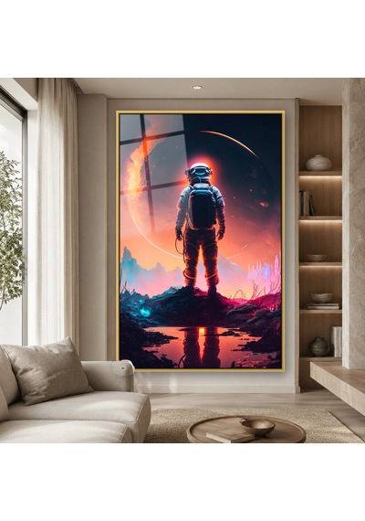 Kızıl Gezegende Duran Astronot Gold Çerçeveli Cam Tablo