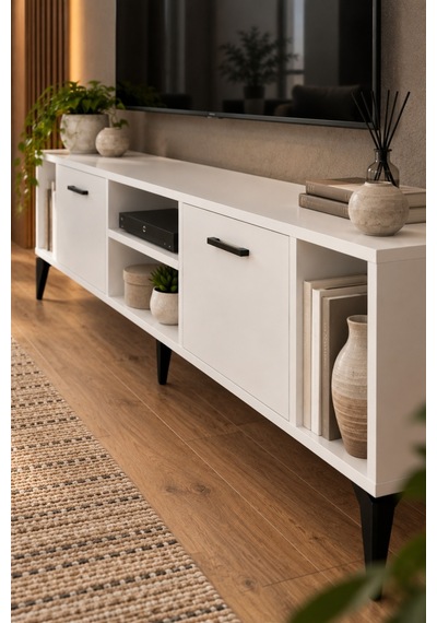 Sulorahome Suntalam Tv Unit With Doors And Shelves 160x35 Cm Beyaz