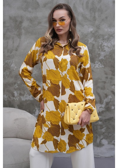Polologin Butik Hardal Kahverengi Yaprak Desenli Tunik Hardal Kahverengi
