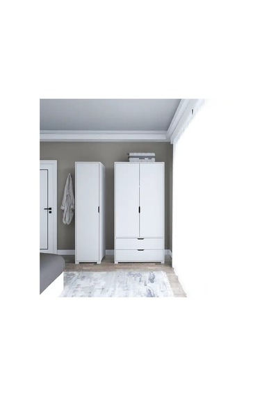 Duru Mat Beyaz 3 Kapılı 2 Çekmeceli Elbise Dolabı - Gardırop Seti Beyaz