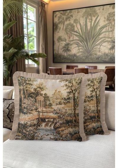Vintage Saray Bahçe Tablosu Lüx Saçaklı Yastık Kılıfı-antik Klasik Bej Püsküllü Kırlent Kılıfı Pastel Orman Gri Vintage Saray Bahçe Tablosu Lüx Saçaklı Yastık Kılıfı-antik Klasik Bej Püsküllü Kırlent Kılıfı Pastel Orman Gri