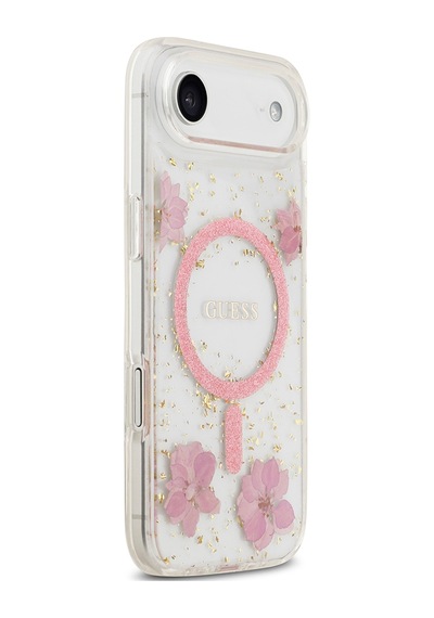 Apple Uyumlu iPhone 17 Air Kılıf Guess Lisanslı M-safe Şarj Özellikli Transparan Resin Flowers Kapak Pembe Pembe