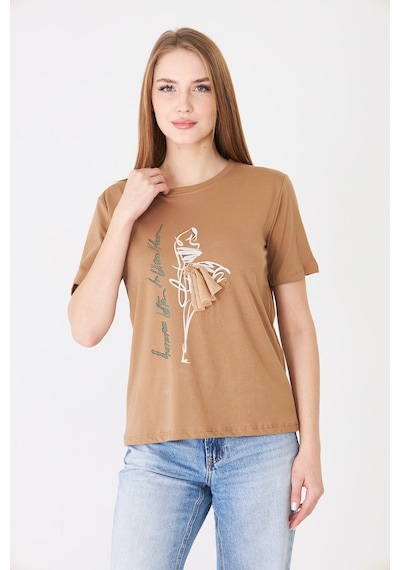 Sortie Collection Eteği Tül Detaylı Silüet Baskılı Basic Tshirt Kapiçino Açık Kahverengi Sortie Collection Eteği Tül Detaylı Silüet Baskılı Basic Tshirt Kapiçino Açık Kahverengi