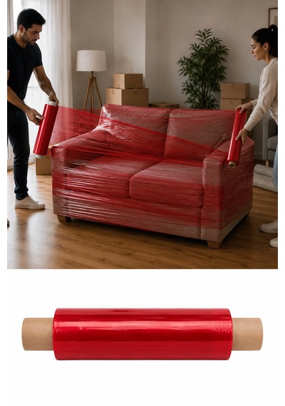 El Tipi Kırmızı Streç Film Mobilya Eşya Koli Palet Paket Taşıma Sarma Koruma 40 Cm X 100 M 23 Mikron