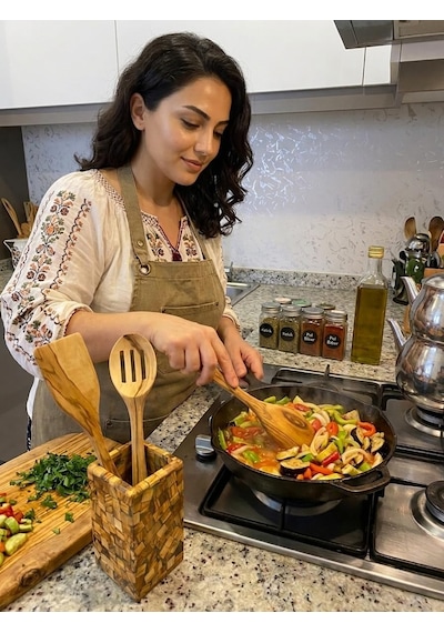 El Yapımı Zeytin Ağacı Mutfak Gereçleri Seti - Kaşık, Spatula, Oluklu Kaşık Ve Epoksi-zeytin Ağacından Yapıl