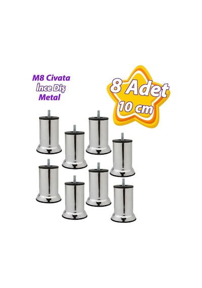 8 Adet Metal Destek Ayağı 10 Cm Krom Mobilya Kanepe Baza Koltuk Ünite Ayakları Metrik 8 Civatalı İnce Diş