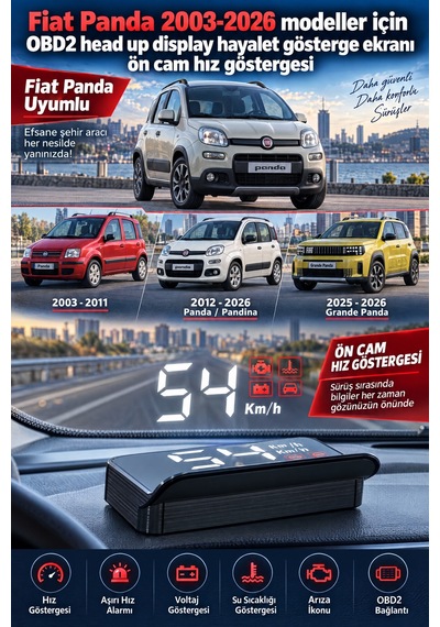 Fiat Panda 2003-2026 Modeller İçin Obd2 Head Up Display Hayalet Gösterge Ekranı Ön Cam Hız Göstergesi