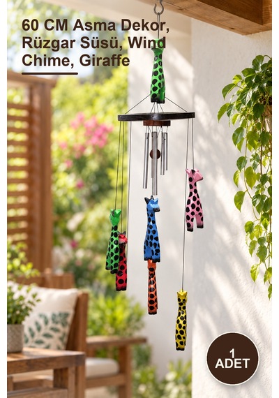 1 Adet Ahşap Zürafalı Rüzgar Çanı 60 Cm Asma Dekor, Rüzgar Süsü, Wind Chime, Giraffe