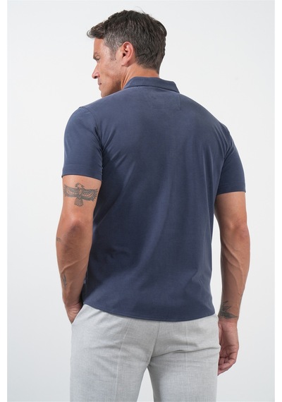 İmza Lacivert İtalyan Yaka Kısa Kol Cepsiz Slim Fit Esnek Gömlek 1004260159