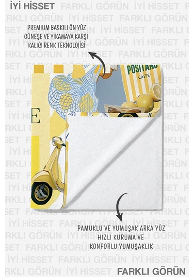 Limon Temalı Amalfi Akdeniz Plaj Havlusu-italyan Yaz Kolaj Sarı Mavi Hızlı Kuruyan Mikrofiber Havlu Çok Renkli