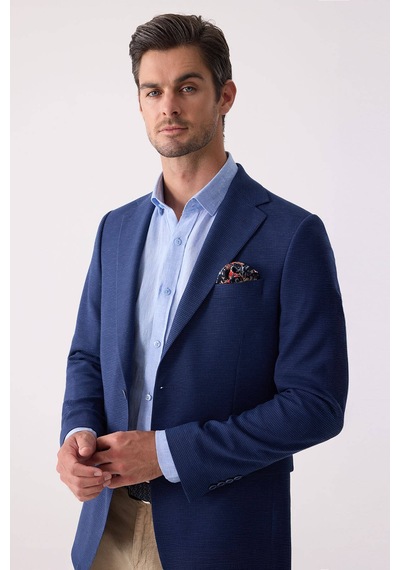 Erkek Lacivert Regular Fit Keten Karışımlı Mono Yaka Ceket