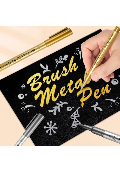 Altın-gümüş Brush Metalik Marker Kaligrafi Kalemi, Cam Kalemi, Balon Yazı, Süsleme, Bardak Yazı-2 Ad