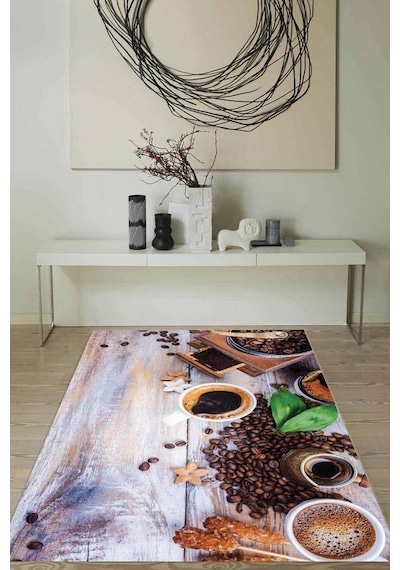 Kahverengi Kaymaz Tabanlı Coffee Temalı Mutfak Halısı Mt29n11