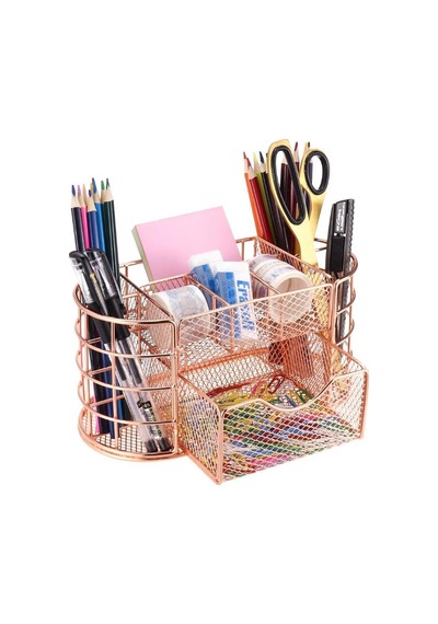 Temel Rose Gold Metal Mesh Masaüstü Organizer Çekmeceli Çok Bölmeli 22x11x11 Cm 9507r
