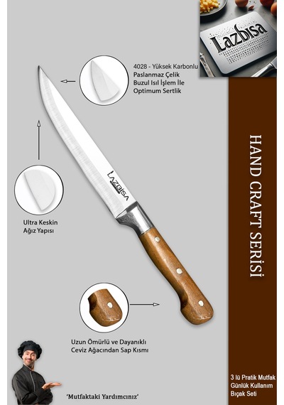 Lazbisa Mtf-003 Hand Craft Mutfak Bıçak Seti Et Ekmek Sebze Meyve Bıçağı 3 Lü Set Günlük Kullanım