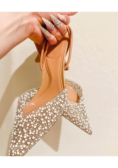 Duxal Shoes Gale İnci Detay Arkası Açık Topuklu Ayakkabı Ten