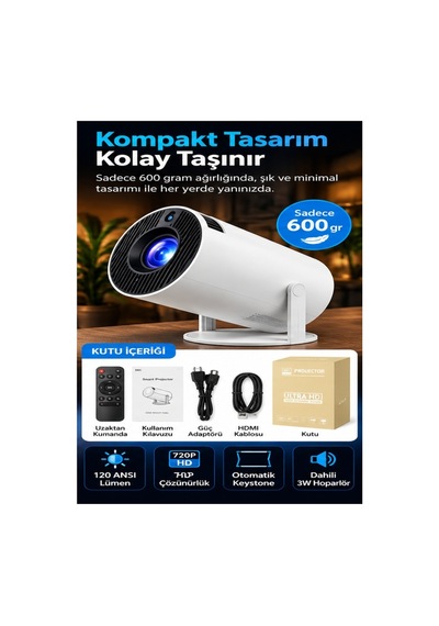 Akıllı Projeksiyon Cihazı 4k Destekli Android 11 Wifi Kablosuz Taşınabilir Mini Projektör 130 İnç 720p Hd Ev Sinema Sistemi Beyaz - 937438755 Beyaz - 937438755