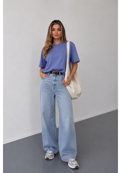 Stilera Kadın Oversize Basic Kısa Kollu Bisiklet Yaka Düz Tişört İndigo