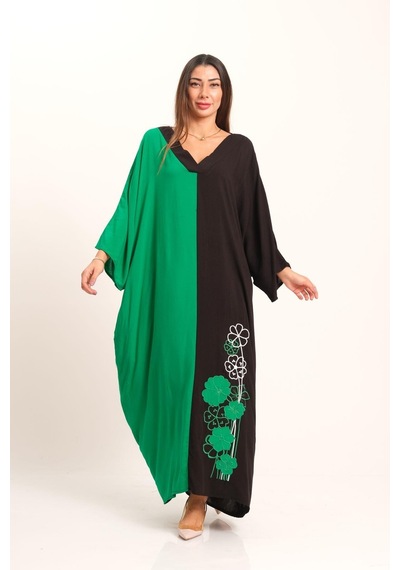 Keyifli Moda Kadın Yeşil Siyah Garnili V Yaka Eteği Nakışlı Cepli Oversize Uzun Elbise - Yesıl Yeşil
