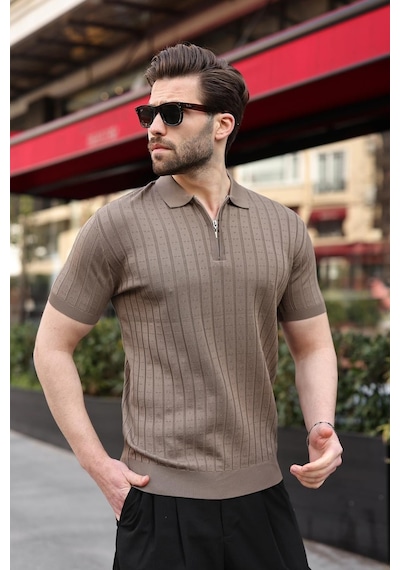 Açık Kahverengi Polo Yaka Slim Fit Triko Erkek Tişört E7465 Açık Kahverengi
