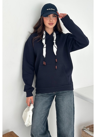 Noa & Noa Kadın Fular Detaylı Kapüşonlu Sweatshirt Casual Charm Lacivert