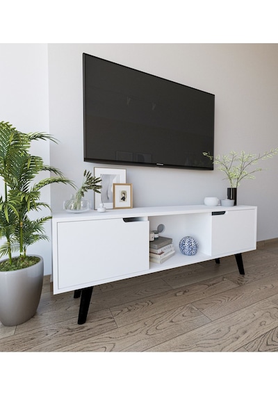 Siena Ahşap Ayaklı Tv Ünitesi Beyaz Televizyon Konsolu 140 Cm Ekonomik Modül Sehpa