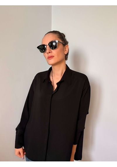 Ali Butik Siyah Gizli Düğmeli Oversize Saten Gömlek Siyah