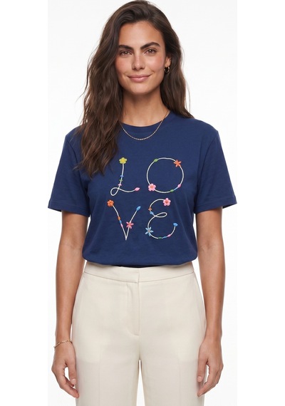 Onloox Kadın Mavi Mavi Pamuklu Penye Kumaş Kısa Kollu Bisiklet Yaka Love Nakış İşlemeli Rahat Form Tshirt
