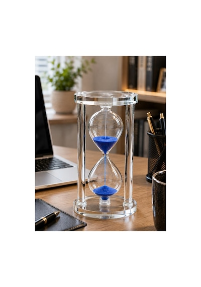 Modern Ofis Masa Üstü Biblosu Cam Kum Saati 10 Dakikalık Zamanlı Mavi Kum Dekoratif Hediye 14.5x8 Cm Biblo
