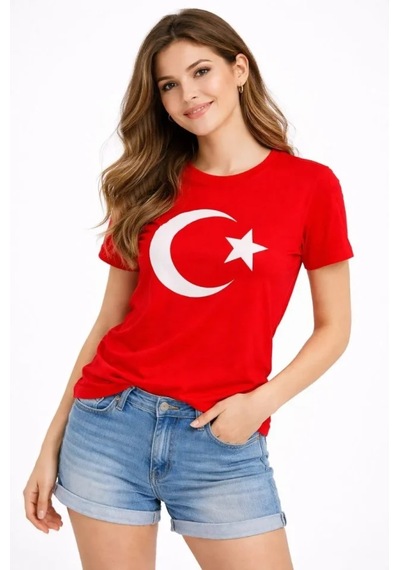 Dogutrend T-shirt Kısa Kol Bisiklet Yaka Ay Yıldız Bayrak Baskılı Tişört - Kırmızı