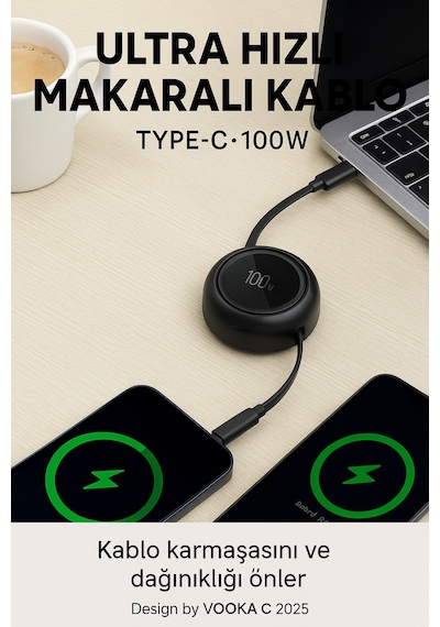100w Type-c Makaralı Hızlı Şarj Kablosu Ultra Güçlü, Dayanıklı Ve Taşınabilir Tasarım