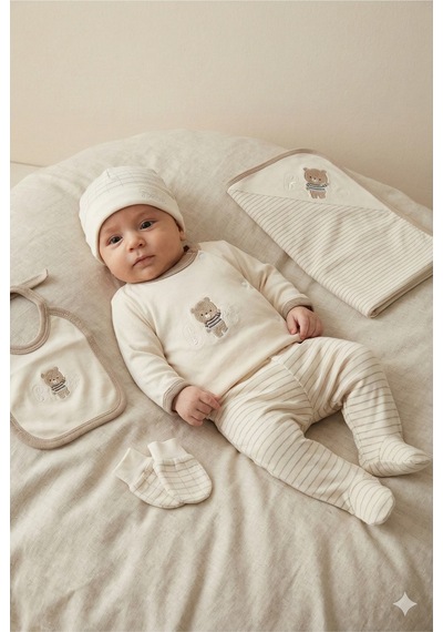 Zeynuko Erkek Bebek Baby Ayıcık Nakış Pamuk 10'lu Yenidoğan Hastane Çıkışı Zıbın Seti Kutulu Kahverengi