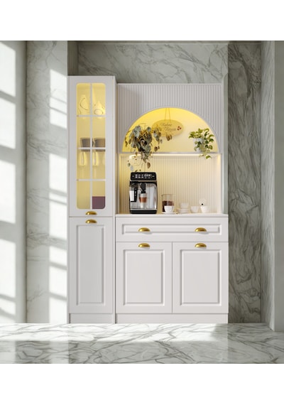 Lureo Nera Arch Sol Vitrinli Kahve Köşesi Led Aydınlatmalı, Komple Mdf Premium Kahve Ünitesi Beyaz Lureo Nera Arch Sol Vitrinli Kahve Köşesi Led Aydınlatmalı, Komple Mdf Premium Kahve Ünitesi Beyaz