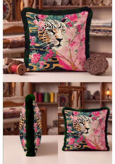 Leopar Çiçek Desen Egzotik Saçaklı Yastık Kılıfı - Tropikal Pembe Yeşil Gri Püsküllü Kırlent Kılıfı Serin Atlas Aura Leopar Çiçek Desen Egzotik Saçaklı Yastık Kılıfı - Tropikal Pembe Yeşil Gri Püsküllü Kırlent Kılıfı Serin Atlas Aura