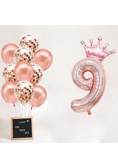 9 Rakam Rose Gold Folyo Balon, Kral Tacı Ve Konfetili Rose Gold Balon