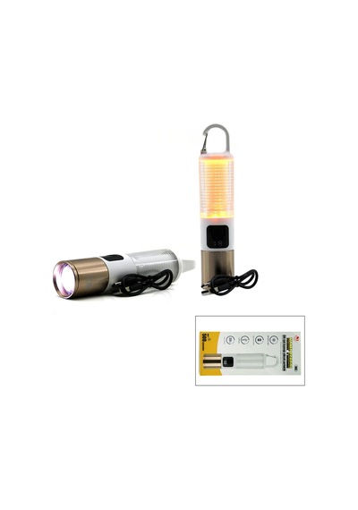 2in1 Kamp - Çok Amaçlı El Feneri Usb Şarjlı Zoom 6 Fonksiyon Işık Doğal - Renkli Askı Mandalı Şarj G Çok Renkli