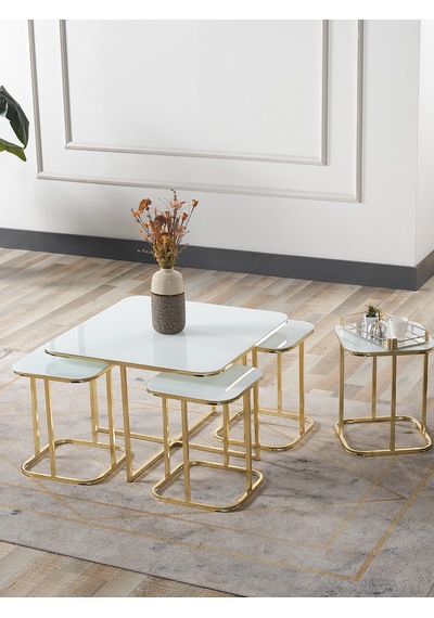 Pelikan 4+1 Beyaz Temperli Cam Gold Metal Ayak Takım Sehpa Sedaş Living Units Sehpa
