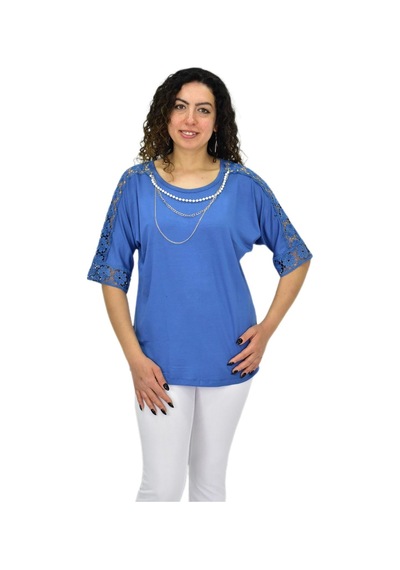 Caftan Kadın Kısa Kol Baskılı Bluz Bgl-st04708 Mavı