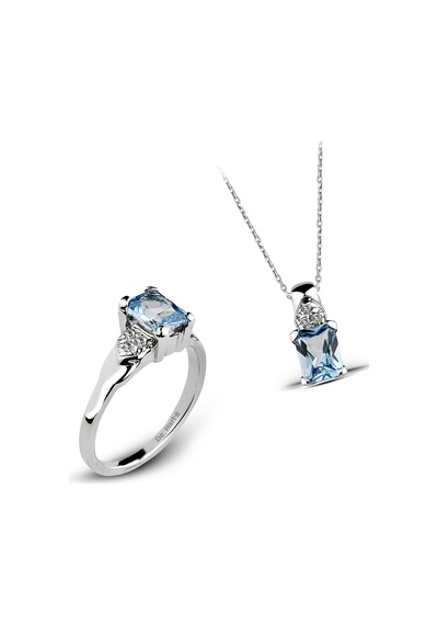 Kuyumcudukkani Baget Kesim Zirkon Taşlı Tektaş Yüzük Kolye Seti-24113-w-blu 21 Beyaz