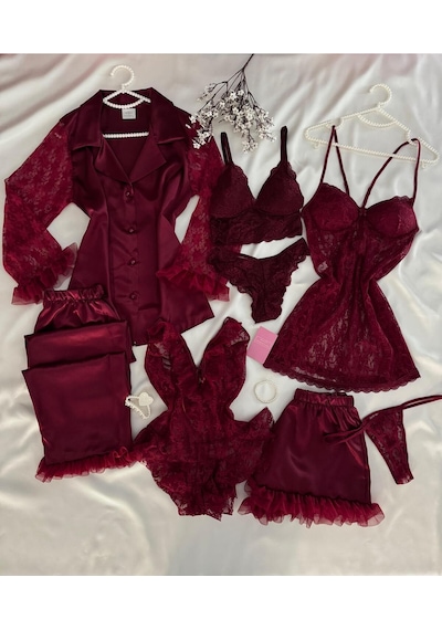 Mh Moony Homewears Kutulu 8'li Beethoven Dantel Kol Detaylı Saten Pijama Dantel Gecelik İç Giyim Çeyiz Seti Bordo