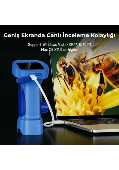 395 Mavi Taşınabilir Dijital Çocuk Mikroskobu - 2.4 İnç Ips Ekranlı, 1080p Full Hd, 1000x Zoom, 8 Led Işıklı Eğitici Bilim Kiti