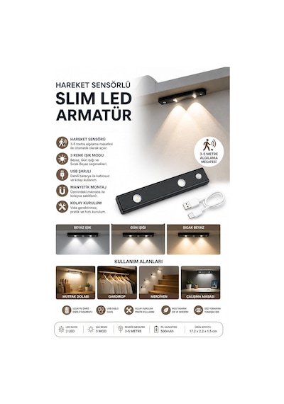 Hareket Sensörlü Slim Led Kabin Armatürü Dekoratif Dim Edilebilir Usb Şarjlı Aydınlatma Siyah,