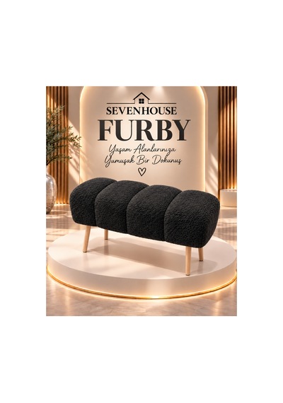 Furby Teddy Kumaş Puf Bench 4 Boğumlu Modern Tasarım, Ahşap Ayaklı, Yatak Odası, Makyaj Masası 64x32x43 Cm Siyah