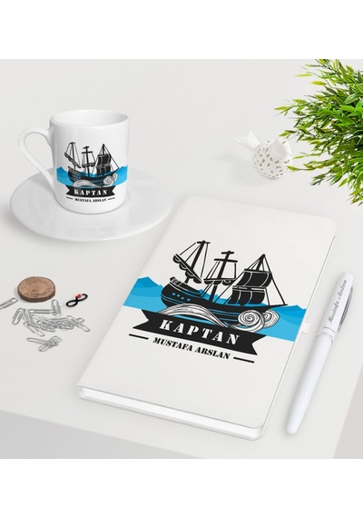 Kişiye Özel Kaptan Beyaz Defter Kalem Türk Kahvesi Fincanı Seti-8