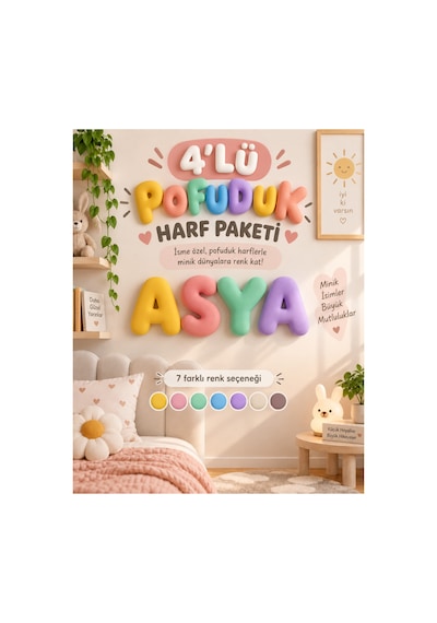 4'lü Pofuduk Harf Duvar Dekoru İsme Özel Çocuk Odası Bubble Harfler