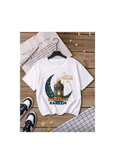 Stil-x Ramazan Bayramı Baskılı Kız Çocuk Tshirt, %100 Pamuklu Kumaş Beyaz