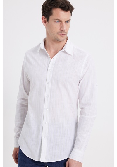 Tudors Erkek Slim Fit Dar Kesim Uzun Kollu %100 Pamuk Keten Doku Çizgili Gömlek-42651 Beyaz